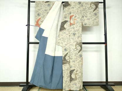 平和屋着物■上質なお召 枝葉花鳥文 金糸 正絹 逸品 DABE8657qa