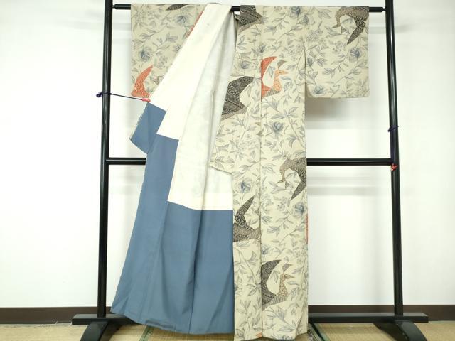 平和屋着物■上質なお召 枝葉花鳥文 金糸 正絹 逸品 DABE8657qa