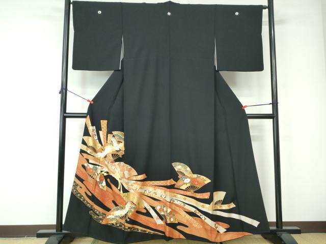 平和屋着物■豪華黒留袖 駒刺繍 扇面飛鶴花文 金銀彩 正絹 逸品 DABE8663qa