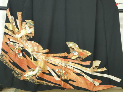 平和屋着物■豪華黒留袖 駒刺繍 扇面飛鶴花文 金銀彩 正絹 逸品 DABE8663qa