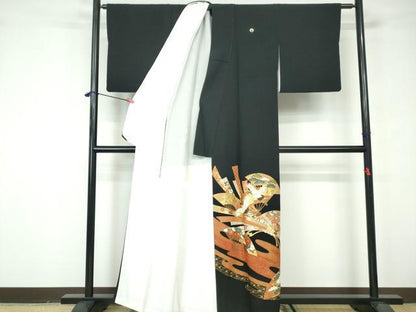 平和屋着物■豪華黒留袖 駒刺繍 扇面飛鶴花文 金銀彩 正絹 逸品 DABE8663qa