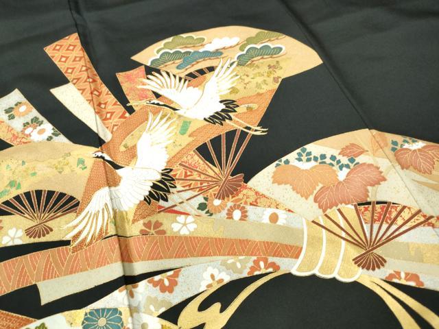 平和屋着物■豪華黒留袖 駒刺繍 扇面飛鶴花文 金銀彩 正絹 逸品 DABE8663qa