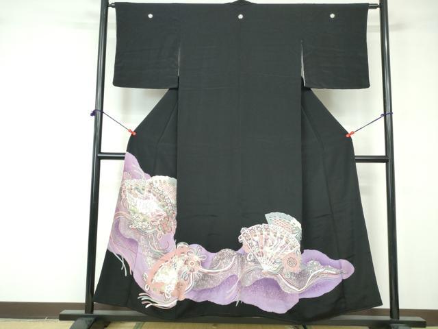 平和屋着物■豪華黒留袖 駒刺繍 扇面孔雀花文 金銀彩 正絹 逸品 DABE8664qa