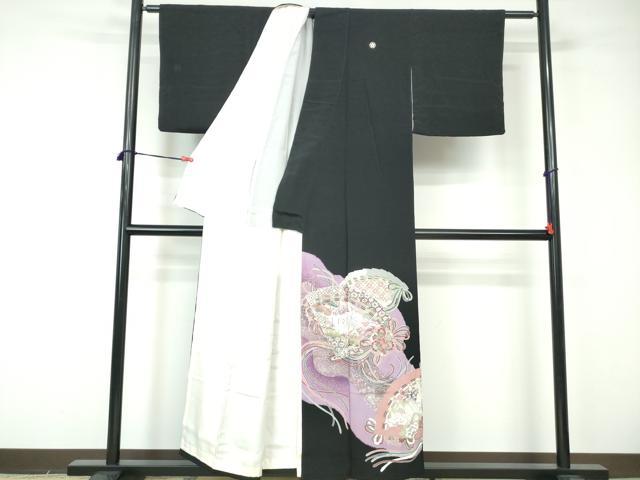平和屋着物■豪華黒留袖 駒刺繍 扇面孔雀花文 金銀彩 正絹 逸品 DABE8664qa