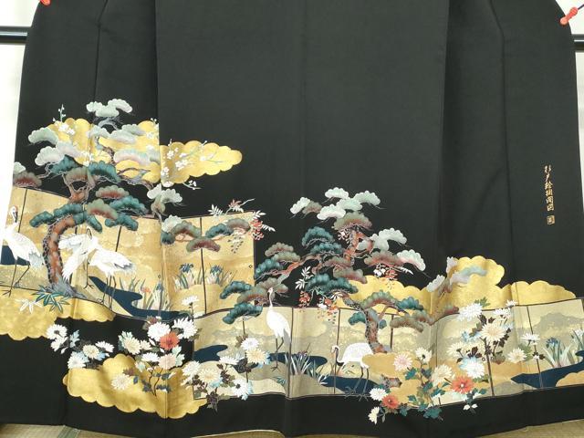 平和屋着物■豪華黒留袖 作家物 御枝松花文 鶴 杉戸絵欄間図 金彩 正絹 逸品 DABE8670qa