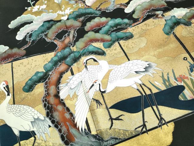 平和屋着物■豪華黒留袖 作家物 御枝松花文 鶴 杉戸絵欄間図 金彩 正絹 逸品 DABE8670qa