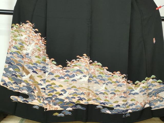 平和屋着物■豪華黒留袖 友禅 作家物 渡橋飛鶴花松文 正絹 逸品 DABE8699qa