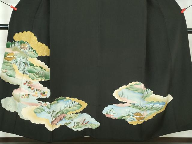 平和屋着物■豪華黒留袖 駒刺繍 雲取り風景花文 金糸 金彩 正絹 逸品 DABE8701qa