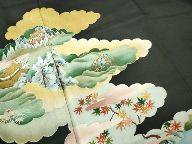 平和屋着物■豪華黒留袖 駒刺繍 雲取り風景花文 金糸 金彩 正絹 逸品 DABE8701qa