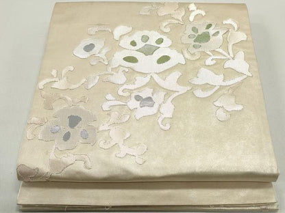 平和屋着物◎太鼓柄袋帯　駒刺繍　幾何学花文　引箔　正絹　逸品　DABE8702qa