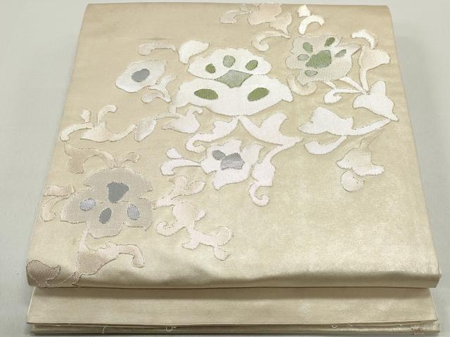 平和屋着物◎太鼓柄袋帯　駒刺繍　幾何学花文　引箔　正絹　逸品　DABE8702qa
