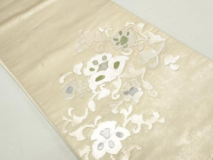 平和屋着物◎太鼓柄袋帯　駒刺繍　幾何学花文　引箔　正絹　逸品　DABE8702qa