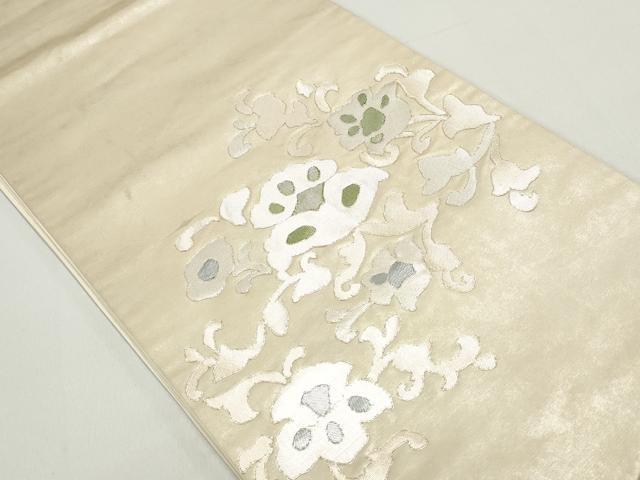 平和屋着物◎太鼓柄袋帯　駒刺繍　幾何学花文　引箔　正絹　逸品　DABE8702qa