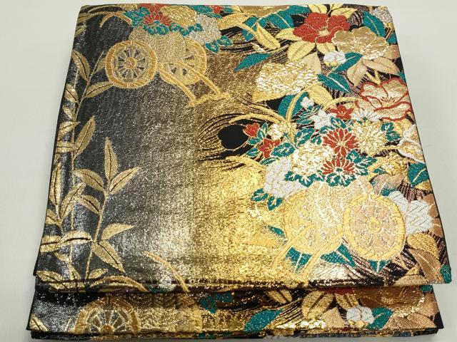 平和屋着物◎六通柄袋帯　唐織　花車文　黒地　金銀糸　正絹　逸品　DABE8715qa