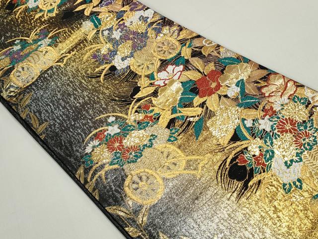 平和屋着物◎六通柄袋帯　唐織　花車文　黒地　金銀糸　正絹　逸品　DABE8715qa
