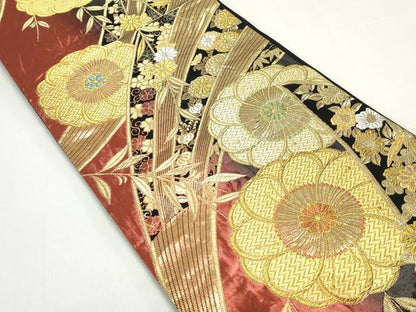平和屋着物◎六通柄袋帯　草花文　黒地　金銀糸　正絹　逸品　DABE8718qa