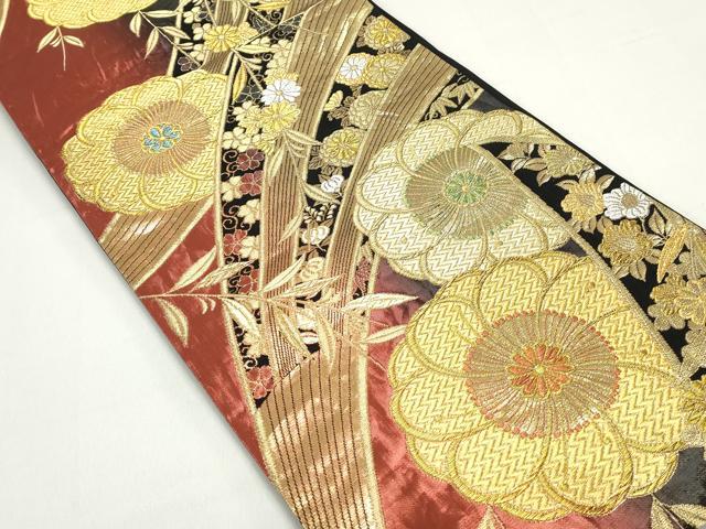 平和屋着物◎六通柄袋帯　草花文　黒地　金銀糸　正絹　逸品　DABE8718qa