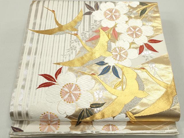 平和屋着物◎全通柄袋帯　唐織　飛鶴枝桜間道　金銀糸　正絹　逸品　DABE8721qa