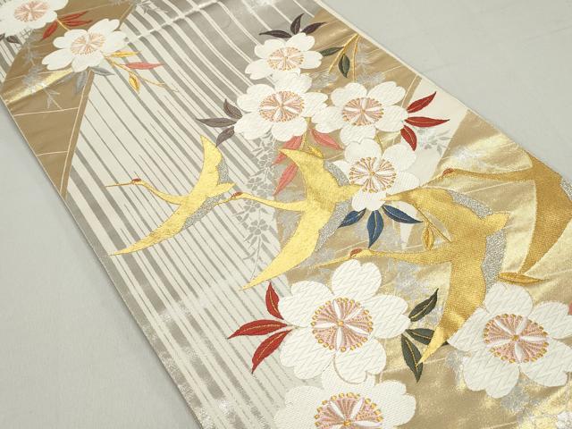 平和屋着物◎全通柄袋帯　唐織　飛鶴枝桜間道　金銀糸　正絹　逸品　DABE8721qa
