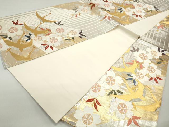 平和屋着物◎全通柄袋帯　唐織　飛鶴枝桜間道　金銀糸　正絹　逸品　DABE8721qa