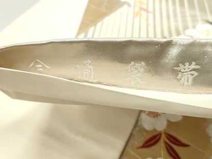 平和屋着物◎全通柄袋帯　唐織　飛鶴枝桜間道　金銀糸　正絹　逸品　DABE8721qa