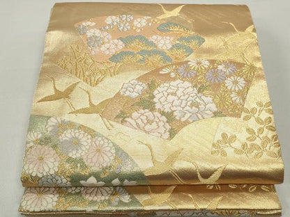 平和屋着物◎六通柄袋帯　唐織　地紙群れ鶴花文　金銀糸　全通箔　正絹　逸品　DABE8727qa