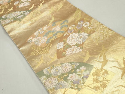 平和屋着物◎六通柄袋帯　唐織　地紙群れ鶴花文　金銀糸　全通箔　正絹　逸品　DABE8727qa