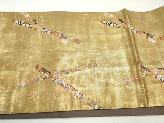 平和屋着物◎六通柄袋帯　唐織　笛の調べ　引箔　高蒔絵摺り出し箔　正絹　逸品　DABE8728qa