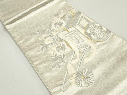 平和屋着物◎太鼓柄袋帯　総刺繍　御所車花文　金銀糸　正絹　逸品　DABE8732qa