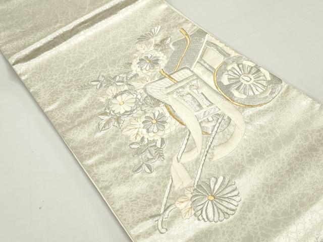 平和屋着物◎太鼓柄袋帯　総刺繍　御所車花文　金銀糸　正絹　逸品　DABE8732qa