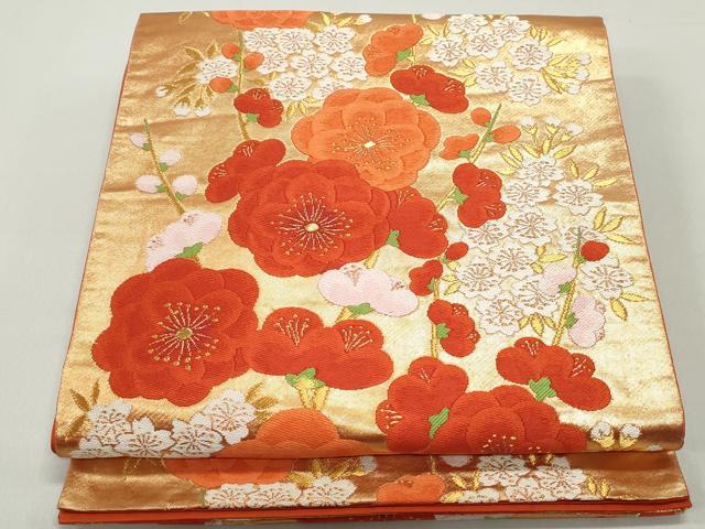 平和屋着物◎六通柄袋帯　唐織　枝梅文　金糸　正絹　逸品　DABE8735qa
