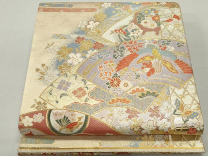 平和屋着物◎佐賀錦　六通柄袋帯　唐織　地紙重ね花鳥文　金糸　正絹　逸品　DABE8737qa