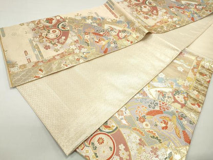 平和屋着物◎佐賀錦　六通柄袋帯　唐織　地紙重ね花鳥文　金糸　正絹　逸品　DABE8737qa