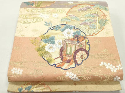 平和屋着物◎六通柄袋帯　唐織　雪輪　御所車花松文　金糸　正絹　逸品　DABE8738qa