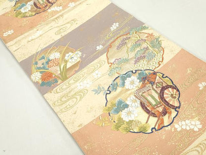 平和屋着物◎六通柄袋帯　唐織　雪輪　御所車花松文　金糸　正絹　逸品　DABE8738qa