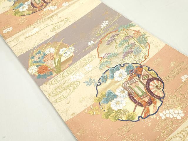 平和屋着物◎六通柄袋帯　唐織　雪輪　御所車花松文　金糸　正絹　逸品　DABE8738qa