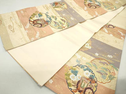 平和屋着物◎六通柄袋帯　唐織　雪輪　御所車花松文　金糸　正絹　逸品　DABE8738qa