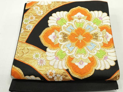 平和屋着物◎六通柄袋帯　唐織　正倉院花文　黒地　金糸　正絹　逸品　DABE8747qa