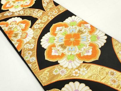 平和屋着物◎六通柄袋帯　唐織　正倉院花文　黒地　金糸　正絹　逸品　DABE8747qa