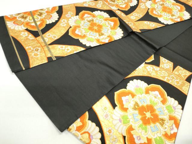 平和屋着物◎六通柄袋帯　唐織　正倉院花文　黒地　金糸　正絹　逸品　DABE8747qa