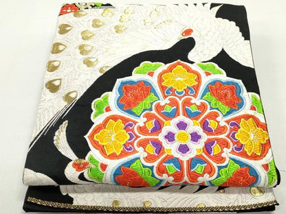 平和屋着物◎六通柄袋帯　唐織　孔雀　正倉院花文　黒地　金糸　正絹　逸品　DABE8752qa