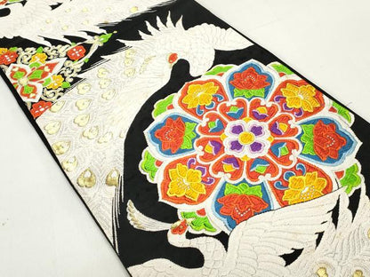平和屋着物◎六通柄袋帯　唐織　孔雀　正倉院花文　黒地　金糸　正絹　逸品　DABE8752qa