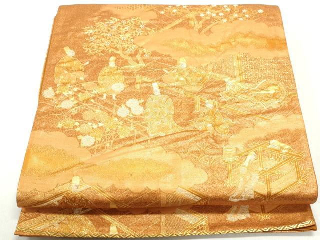 平和屋着物◎六通柄袋帯　人物風景文　金糸　正絹　逸品　DABE8767qa