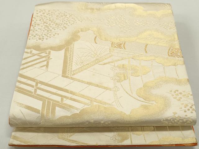 平和屋着物◎両面　全通柄袋帯　風景文　金糸　正絹　逸品　DABE8784qa