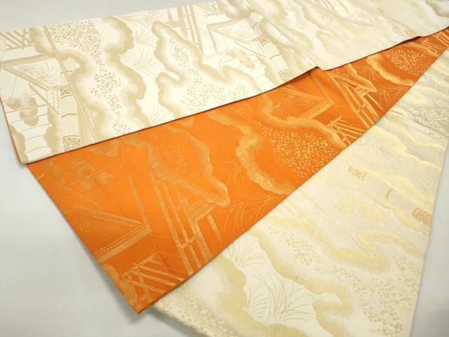 平和屋着物◎両面　全通柄袋帯　風景文　金糸　正絹　逸品　DABE8784qa