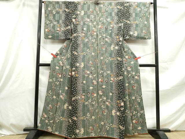 平和屋着物▽上質な小紋　単衣　扇面花文　金彩　正絹　逸品　AABE6868jh 平和屋着物□上質な小紋 扇面枝花間道 暈し染め 金彩