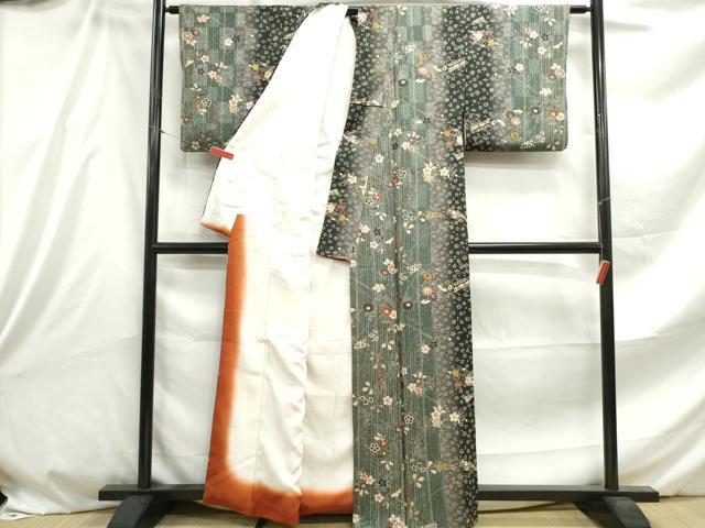 平和屋着物□上質な小紋 扇面枝花間道 暈し染め 金彩