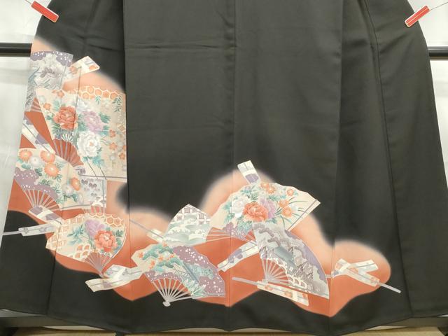 平和屋着物■豪華黒留袖 刺繍 扇面花文 暈し染め 銀彩 正絹 逸品 DABE8841qa