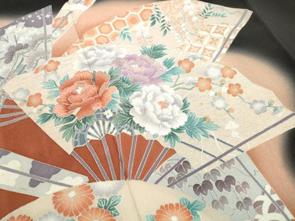 平和屋着物■豪華黒留袖 刺繍 扇面花文 暈し染め 銀彩 正絹 逸品 DABE8841qa