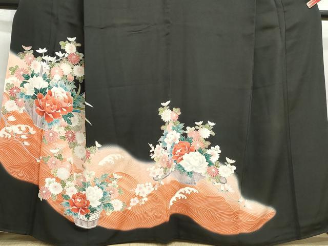 平和屋着物□豪華黒留袖 立波花文 暈し染め 正絹 逸品 DABE8914qa